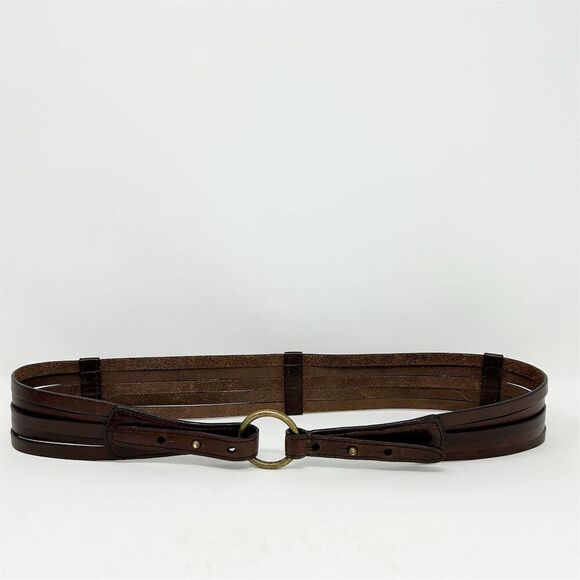 Eddie Bauer Brown Layered Leather Boho Waist Belt Brass D-Ring Adjustable Size M - Picture 1 of 7